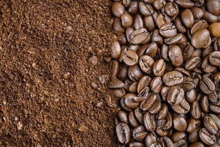Coffee beans and ground coffee from aboveの写真素材