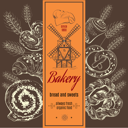 Vintage stile bakery banner with bakery products and mill. Vector illustratのイラスト素材