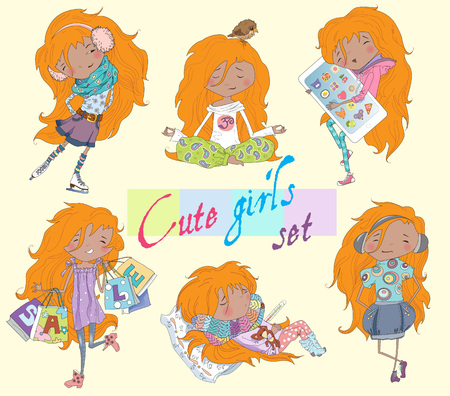Set of cute cartoon red headed girls in various actions: listening music, shopping, skating, doing yoga, ill, holding smart-phone.のイラスト素材