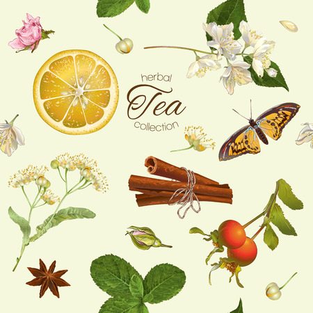 Vector herbal tea seamless pattern with linden,jasmine flowers,and cinnamon. Design for tea, natural cosmetics, baking,candy and sweets,grocery,health care products. Best for textile, wrapping paper.のイラスト素材