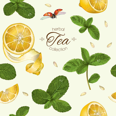 fruit tea seamless pattern with lemon and mint .Background design for tea, aromatherapy, cosmetics, grocery ,health care products. Best for fabric, textile, wrapping paper.のイラスト素材