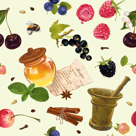 fruit and berry cosmetic seamless pattern with honey and mortar. Design for natural cosmetics, health care products, aromatherapy, homeopathy, recipe book.のイラスト素材