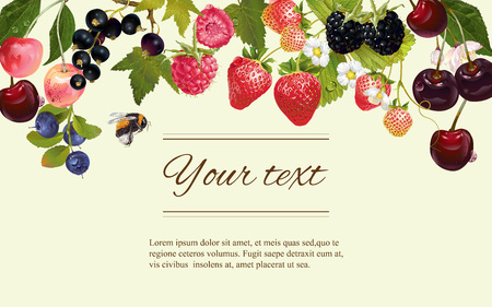 Vector mix berry banner. Design for tea, natural cosmetics, beauty store, dessert menu, organic health care products, perfume, aromatherapy. With place for textのイラスト素材