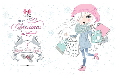 Christmas greeting card with pretty little girl. Child with beautiful white hair holding shopping bags on winter background. Merry christmas with deers and bells.のイラスト素材
