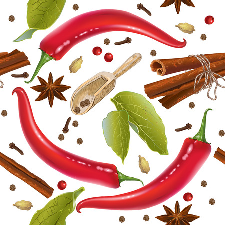 Vector seamless pattern with various seasonings on white background. Red chili peppers, bay leaves, cinnamon and other spices.Design for package, recipe web site, cooking book. Best for wrapping paperのイラスト素材