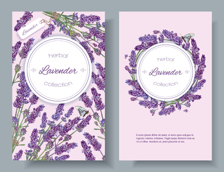 Vector lavender natural cosmetic vertical banners on lilac background. Design for cosmetics, make up, beauty salon, natural and organic products, health care products,aromatherapy. With place for textのイラスト素材
