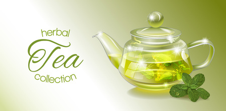 Vector herbal tea banner with transparent teapot and mint. Design for herbal and green tea, drink menu, homeopathy, aromatherapy and health care products. With place for text.のイラスト素材