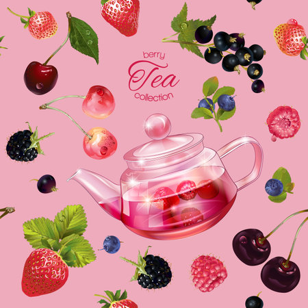 Vector fruit tea seamless pattern with transparent teapot and berries. Design for red and fruit tea, drink menu, homeopathy, aromatherapy and health care products. Best for packaging designのイラスト素材