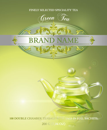 Vector Green Tea Banner With Transparent Teapot And Tea Leaves