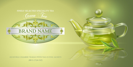 green tea with transparent teapot and tea leaves. Design for packaging, drink menu, aromatherapy and tea products. Only free fonts used. Font names included in the layersのイラスト素材
