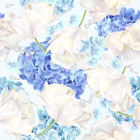 Vector seamless pattern with blue and white hydrangea flowers on blue background. Floral design for cosmetics, perfume, beauty care products. Can be used as greeting card, wedding invitation