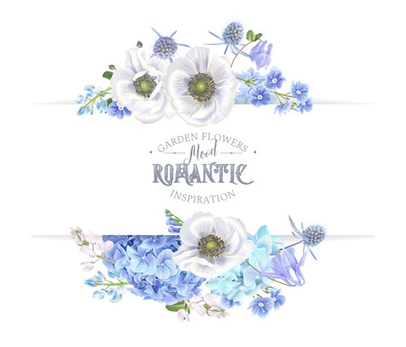 Vector botanical banner with blue flowers isolated on white. Floral design for natural cosmetics, perfume, women products. Can be used for greeting card, wedding invitation,spring or summer backgroundのイラスト素材