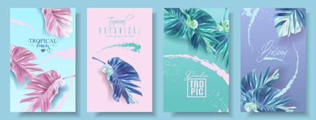 Vector tropical leaf banner set on bright background. Trending colors modern botany design for cosmetics, spa, perfume, health care products, aroma, tourist agency, summer partyのイラスト素材