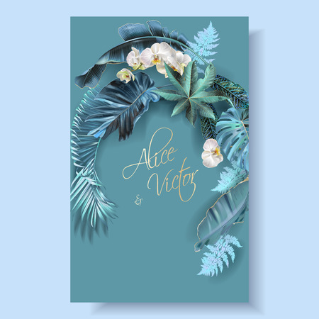 Vector vertical wedding invitation card with blue, turquoise, purple tropical leaves and orchid flowers. Fantastic botany design for wedding ceremony. Can be used for cosmetics, beauty salonのイラスト素材