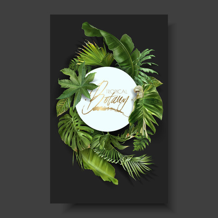 Vector round banner with green tropical leaves on black background. Exotic botanical design for cosmetics, spa, perfume, beauty salon, travel agency, florist shop. Best as packaging designのイラスト素材