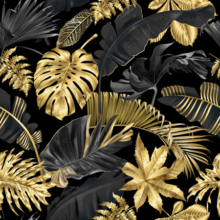 Vector seamless pattern with gold and black tropical leaves on dark background. Exotic botanical background design for cosmetics, spa, textile, hawaiian style shirt. Best as wrapping paper, wallpaper