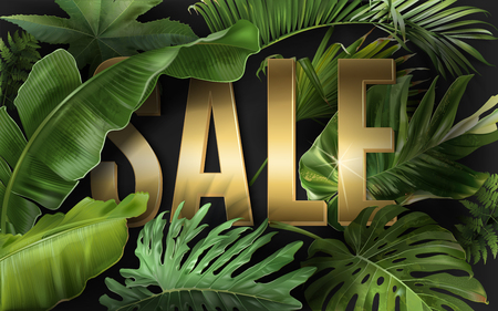 Vector advertising banner with green tropical leaves and gold SALE word on black. Exotic botany design for woman health care product discount, cosmetics, spa, perfume season offerのイラスト素材