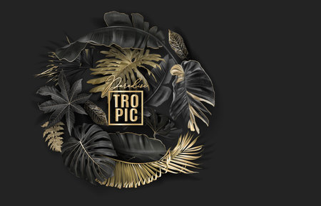 Vector Circle Banner With Black And Gold Tropical Leaves On Dark