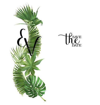 Vector wedding invitation card with green tropical leaves on white background. Luxury exotic botanical design can be used as fashion arrangement, cosmetics, spa, perfume packaging designのイラスト素材