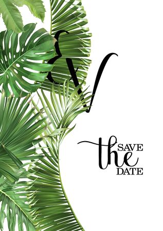 Vector wedding invitation card with green tropical leaves on white background. Luxury exotic botanical design can be used as fashion arrangement, cosmetics, spa, perfume packaging designのイラスト素材