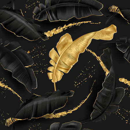 Vector gold black tropical leaves seamless patternのイラスト素材