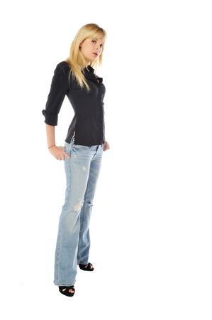 attractive tall skinny blond woman on a white backgroundの写真素材