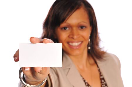 attractive young woman holding a business card focus on the business cardの写真素材