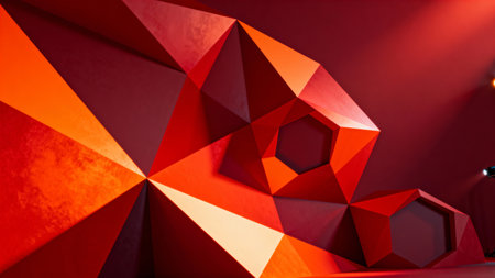 This piece showcases a modern art style with energetic vibes through the use of bold geometric shapes and high contrast lighting. Perfect for businesses in the technology and innovation sectors looking to enhance their visual marketing with dynamic and eye-catching designs. The vibrant color scheme and abstract composition appeal to a tech-savvy audience. AI-generated digital illustration. AI-generated illustration.の素材