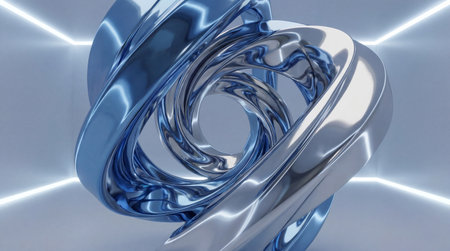 This design features a sleek and modern style with reflective lighting, enhancing the abstract metallic shapes. Suitable for technology and innovation sectors, it can be used in digital marketing, product launches, and corporate presentations. The contemporary aesthetic appeals to businesses looking for cutting-edge visuals. AI-generated digital illustration. AI-generated illustration.の素材