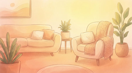 This illustration features a soothing gradient style with warm lighting, creating a cozy and inviting atmosphere. It is perfect for home decor and interior design projects, appealing to designers and homeowners looking to add warmth to their spaces. The serene color palette enhances relaxation and comfort. AI-generated digital illustration. AI-generated illustration.の素材