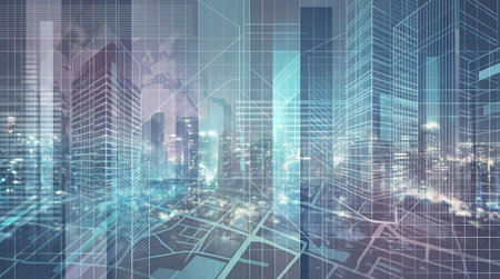 This digital artwork showcases a sleek and modern abstract design inspired by urban cityscapes. With its cool color palette, it is perfect for enhancing real estate marketing materials, urban planning presentations, and contemporary design projects. The professional style appeals to architects, designers, and urban planners. AI-generated digital illustration. AI-generated illustration.の素材