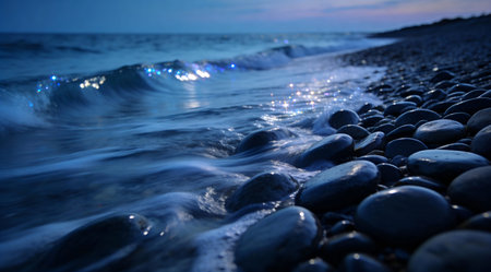 Tranquil digital composition employing fluid gradients and diffused blue-hour glow to convey meditative serenity and rhythmic harmony. Suited for mindfulness apps, yoga studio graphics, eco-tourism promotions, therapeutic posters, or ambient video overlays targeting wellness enthusiasts and interior decorators. Subtle tonal shifts and motion blur foster immersive cal... AI-generated illustration.の素材