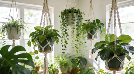 Captivating digital illustration evoking a tranquil indoor oasis mood through masterful layering of organic shapes and nuanced green palettes. Features sophisticated light rendering for immersive depth and harmony. Ideal for lifestyle blogs, interior design projects, wellness retreats, and eco-conscious branding targeting urban plant aficionados. . AI-generated illustration.の素材