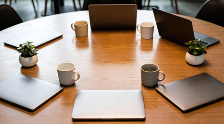 Minimalist digital composition conveying serene hybrid work ambiance via subtle warm glow and balanced spatial harmony. Suited for corporate branding, office layout visualizations, employee wellness campaigns, and productivity resource graphics. Offers flexibility for website elements, pitch decks, social media visuals, and print collateral targeting business leaders... AI-generated illustration.の素材