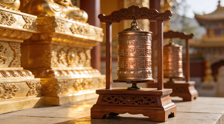 Serene digital rendering capturing spiritual tranquility through layered metallic textures and diffused glow effects for a meditative mood. Suited for mindfulness apps, yoga studio visuals, wellness blogs, spiritual retreat materials, and cultural heritage displays. Artistic fusion of intricate detailing with harmonious lighting enhances versatility in design project... AI-generated illustration.の素材