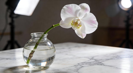 This artwork employs elegant spotlighting to evoke refined poise and tranquility, utilizing advanced digital rendering for sharp contrasts and subtle textures. Suitable for upscale interior decor visuals, luxury product packaging, floral substitutes in magazines, or elegant website headers targeting affluent audiences. Its minimalist composition enhances branding for... AI-generated illustration.の素材