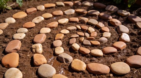 Digital artwork featuring top-down composition with layered organic textures and muted earthy hues, nurturing a tranquil and balanced atmosphere. Perfect for landscaping visualizations, garden planning tools, wellness graphics, interior design mood boards, or sustainable living campaigns, with seamless adaptability for web, print, and merchandise. Meticulous layering... AI-generated illustration.の素材