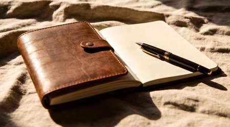 Warm golden hour side lighting infuses a serene, contemplative mood in this digital creation, highlighting subtle textures and neutral earthy tones with precise shadow play. Tailored for stationery brands, journaling planners, lifestyle bloggers, wellness coaches, and creative professionals seeking inspirational visuals. The harmonious composition supports versatile... AI-generated illustration.の素材