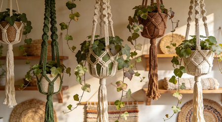 Capturing bohemian serenity through layered woven textures and diffused indoor glow, this digital creation fosters an inviting, nature-infused ambiance. Ideal for interior designers crafting mood boards, home styling blogs, eco-lifestyle magazines, and social media decor inspiration for wellness enthusiasts. The harmonious blend of organic forms and subtle shading en... AI-generated illustration.の素材