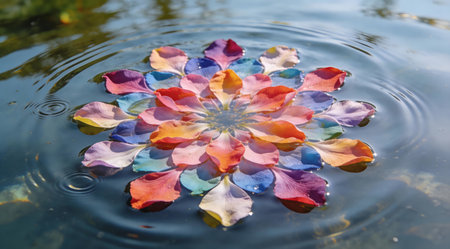 This serene abstract composition employs symmetrical patterning and subtle ripple distortions to convey tranquility and balance. Fluid gradients and harmonious color blending create a meditative mood suitable for wellness branding, yoga retreat materials, spa interiors, mindfulness journals, or therapeutic digital wallpapers. Precise layering ensures adaptability acr... AI-generated illustration.の素材