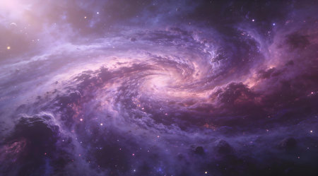 Ethereal cosmic digital illustration evoking infinite vastness via fluid swirling motions and subtle ambient glow. Suited for sci-fi book covers, astronomy infographics, desktop wallpapers, or promotional banners appealing to space explorers and visual artists. Panoramic format with layered depth enhances immersive experiences in educational content and creative media. . AI-generated illustration.の素材
