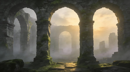 Ethereal digital artwork capturing an enigmatic historical ambiance via intricate fog layering and diffused dawn glow. Suited for fantasy novel covers, immersive role-playing game environments, atmospheric film posters, or gothic website themes. Precise textural details and subdued tonal shifts enhance narrative depth for designers and storytellers in speculative fiction... AI-generated illustration.の素材