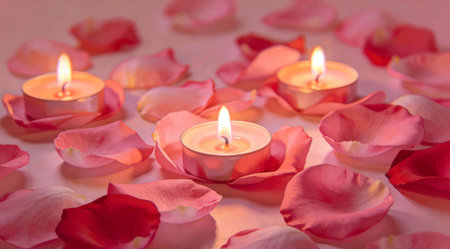 Elegant digital creation featuring velvety soft layers of scattered rose petals in pinks and reds, evoking a delicate and passionate romantic mood illuminated by subtle candlelight. Ideal for enhancing wedding invitations, Valentine's Day materials, luxury branding, and romantic apparel designs. This versatile artwork offers commercial value for graphic desig... AI-generated digital illustration. AI-generated illustration.の素材