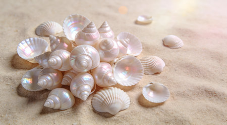 Elegant digital artwork evoking a serene nautical mood through organic cluster compositions in pearlescent whites and pinks on sandy beige, with soft diffused beach lighting. Perfect for commercial applications like summer stationery, coastal branding, wellness packaging, and web graphics in travel and lifestyle industries. The artistic relaxed vibe ensures b... AI-generated digital illustration. AI-generated illustration.の素材