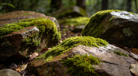 A creative digital illustration depicting Professional stock texture of moss covered stone background, velvety green patches, damp forest lighting, earthy organic mood. This AI-generated artwork features unique visual elements suitable for various commercial and editorial applications. AI-generated illustration.の素材