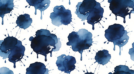 A creative digital illustration depicting Ink splash abstract background in deep indigo blots, dripping edges, wet glossy lighting, artistic expressive mood commercial seamless. This AI-generated artwork features unique visual elements suitable for various commercial and editorial applications. AI-generated illustration.の素材