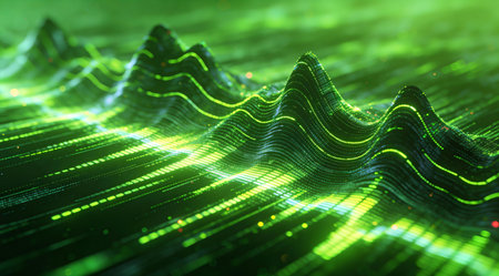 Energetic digital art style pulsing with rhythmic glows and fluid motions in vivid green tones, evoking high-energy sound vibes. Perfect for music apps, audio interfaces, event promotions, and tech graphics in the entertainment industry. Versatile for web design, app visuals, branding, targeting creative pros seeking dynamic commercial assets. . AI-generated digital illustration. AI-generated illustration.の素材