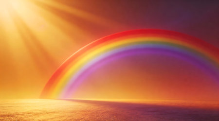 Captivating digital artwork with smooth spectral gradient transitioning through rainbow hues from red to violet, enhanced by radiant sunlight for a hopeful, uplifting vibe. Ideal for graphic design projects like website headers, promo banners, social media visuals, and inspirational prints targeting marketers and creatives. Fluid luminous style offers dynamic... AI-generated digital illustration. AI-generated illustration.の素材