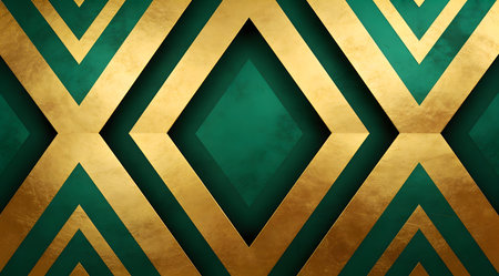 Energetic geometric design blending sharp angular lines with subtle shadow effects for a captivating tribal vibe. Luxurious emerald and gold tones enhance its dynamic appeal, making it perfect for fashion textiles, branding graphics, website elements, and interior accents. Versatile for commercial projects targeting modern luxury audiences. . AI-generated digital illustration. AI-generated illustration.の素材