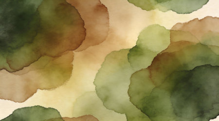 Fluid digital artwork showing watercolor-style washes in earthy greens and browns, illuminated softly to create a calming organic mood. Ideal for eco-friendly branding, wellness apps, natural cosmetics packaging, and serene website headers, providing versatile textures for designers in sustainable industries. This professional composition enhances commerci... AI-generated digital illustration. AI-generated illustration.の素材
